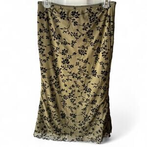 Floral‎ Midi Skirt Size S Green Black Lace Scallop Hem Tight Fit Lined